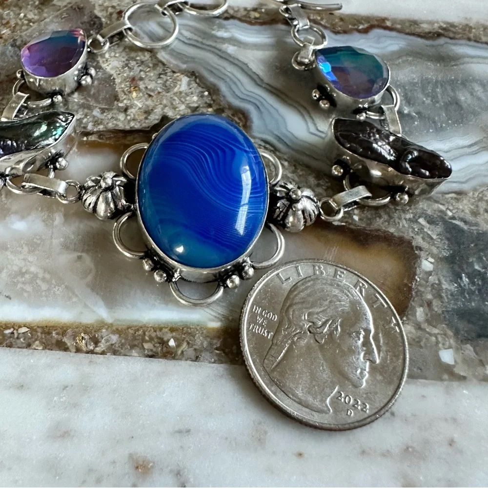 2137 Stunning Blue and Silver Bracelet with Floral Accents